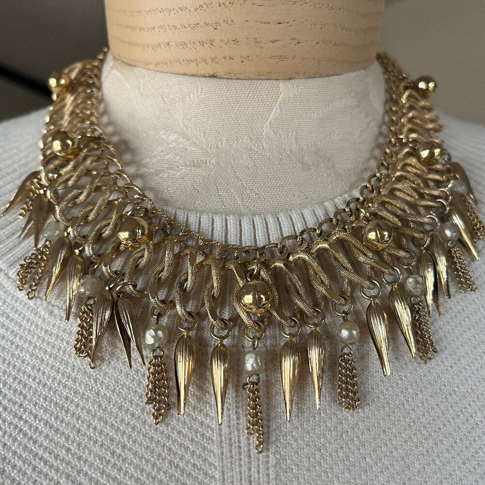 Vintage Gold Tone Fringe Bib Necklace
